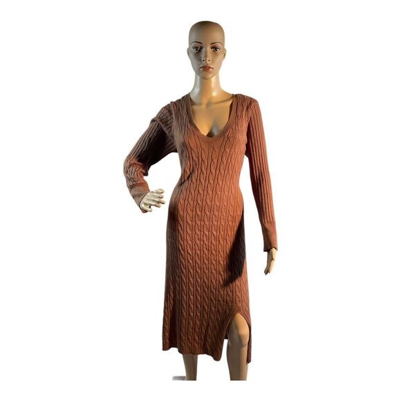 Lucky Brand Women’s Brown knit Long Sleeve Knit Midi Sweater Dress size L - Picture 1 of 16